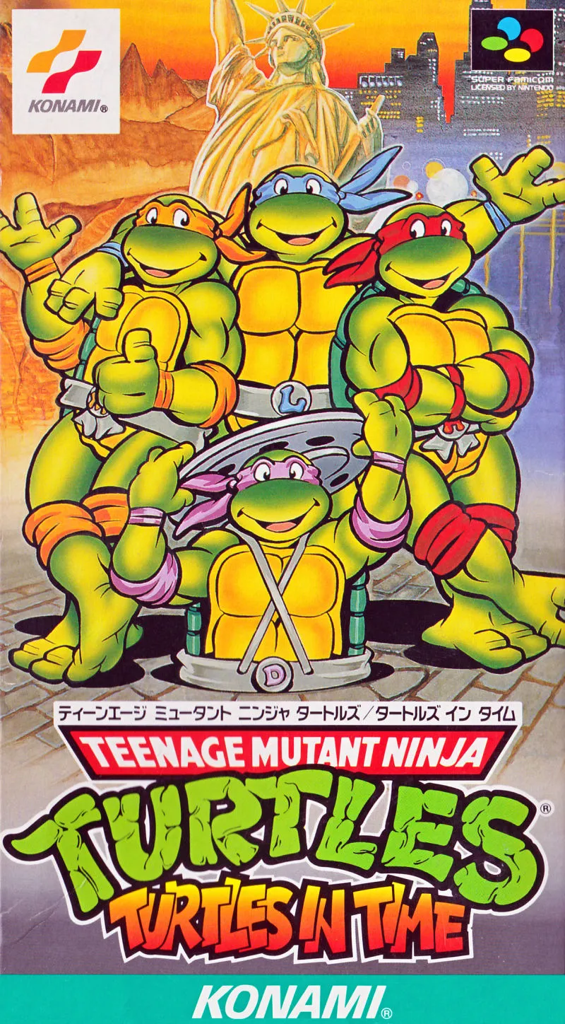Japanese Super Famicom box: a tight cartoon group portrait of the four turtles in front of a sunset Statue of Liberty.
