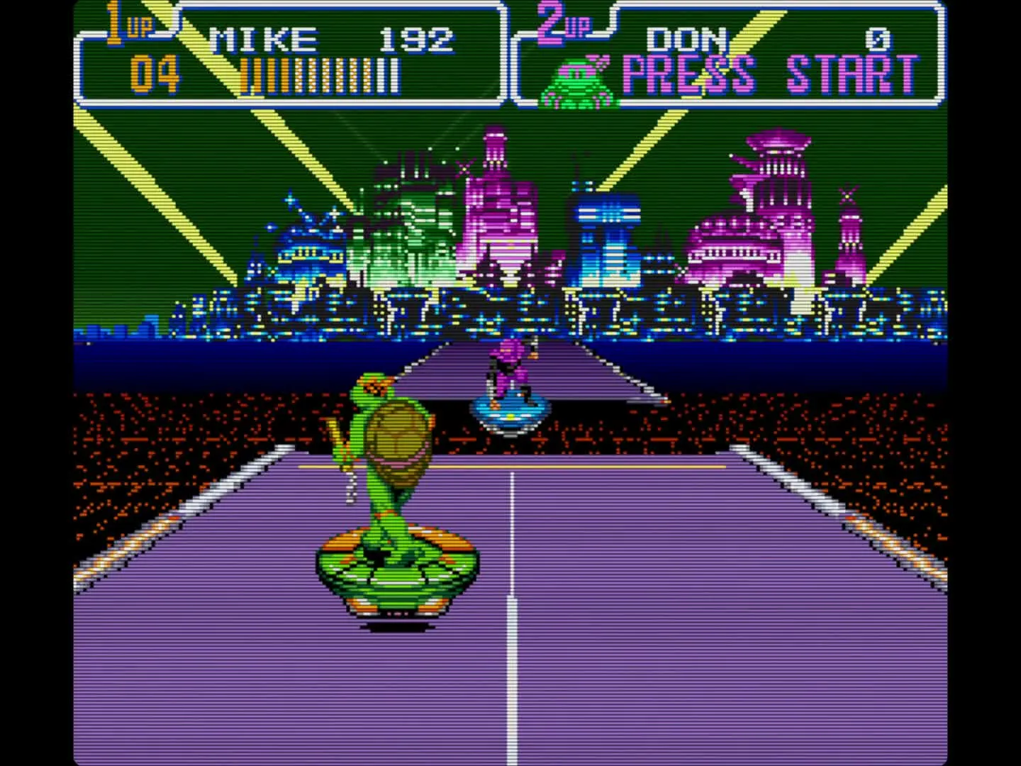 Michelangelo rides a hoverboard down a purple Mode 7 highway with a neon Manhattan skyline ahead and a Foot Soldier on a hoverboard pursuing from behind.