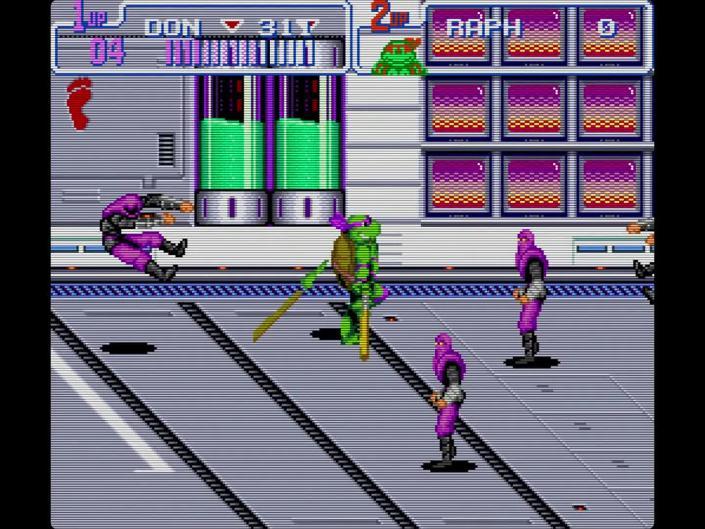 Donatello mid-staff swing in a Technodrome corridor, a Foot Soldier flying off to the left of frame and three more enemies converging from the right.