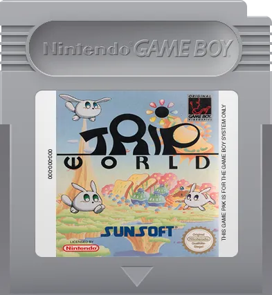 Trip World Game Boy cartridge with Yakopoo and friends across the label.