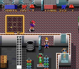 Zeke fires through a suburban level while a rescued neighbour waits nearby and monsters crowd the paths.