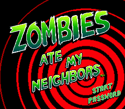 The Zombies Ate My Neighbors SNES title screen, with Zeke and Julie running from cartoon monsters behind the logo.